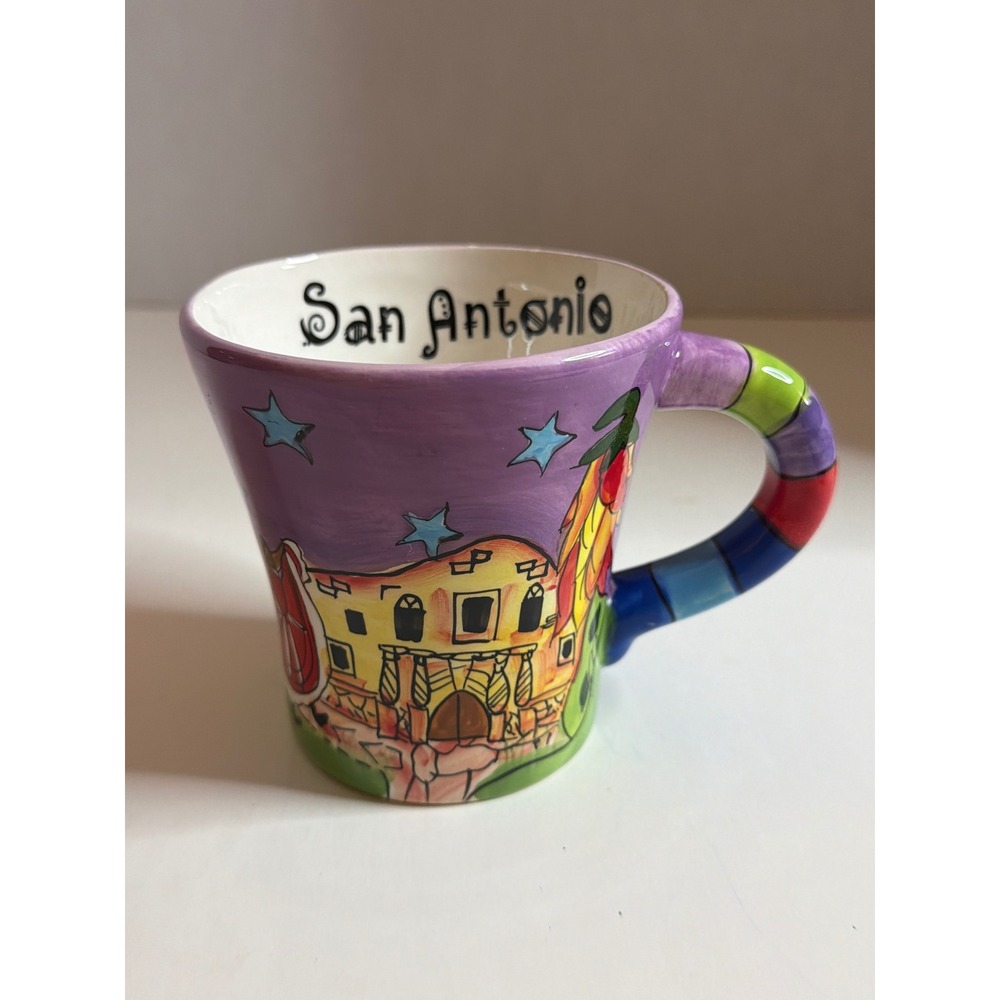 San Antonio Texas Souvenir Coffee Mug Hand Painted Folk Art Ceramic Purple Cup